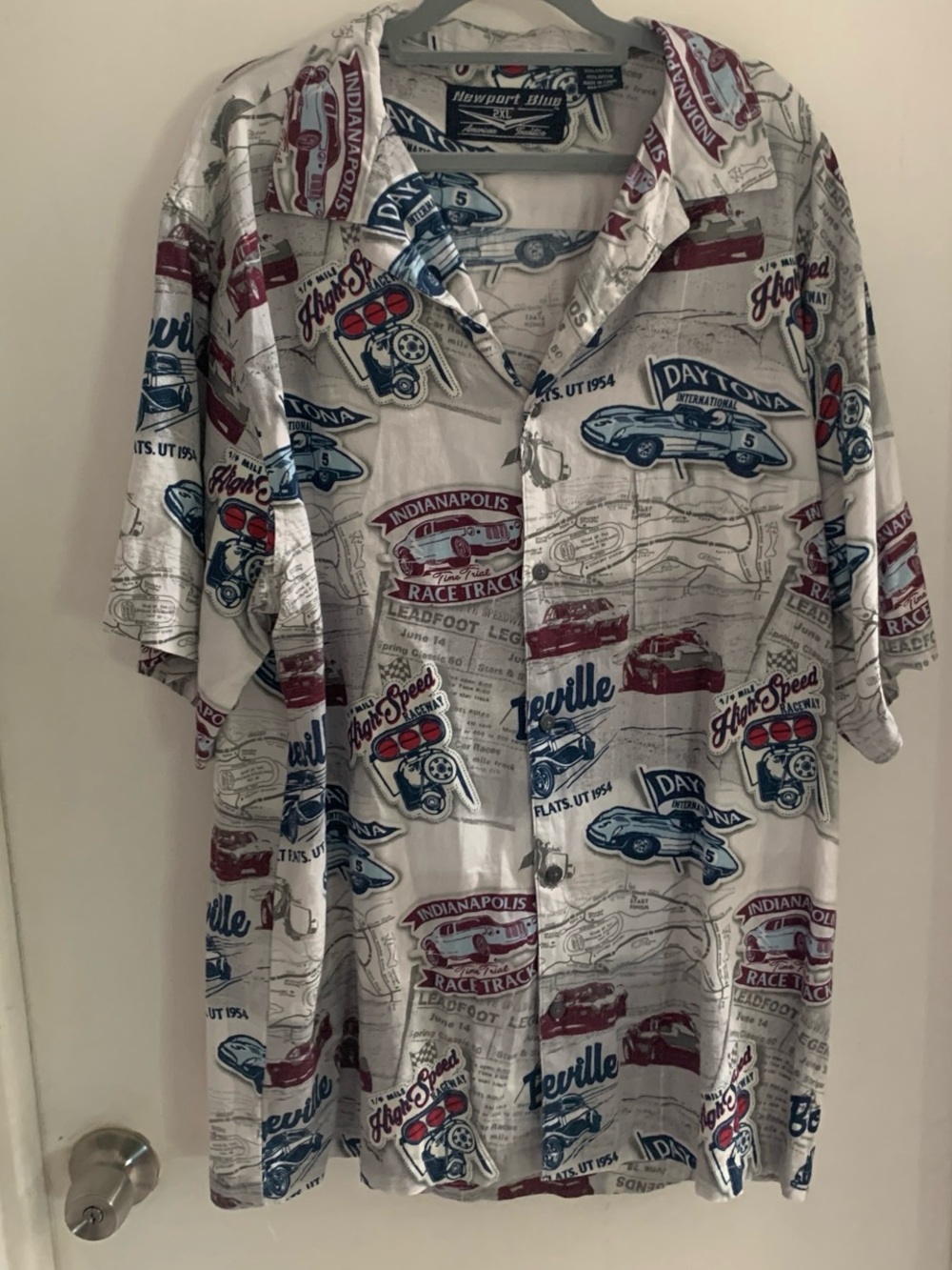 Newport Short-Sleeve Button-Up Racing Print Shirt - White/Blue/Red